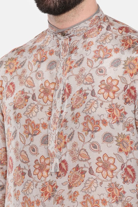 Buy_Mayank Modi - Men_Grey Muslin Floral Print Kurta Set _Online_at_Aza_Fashions