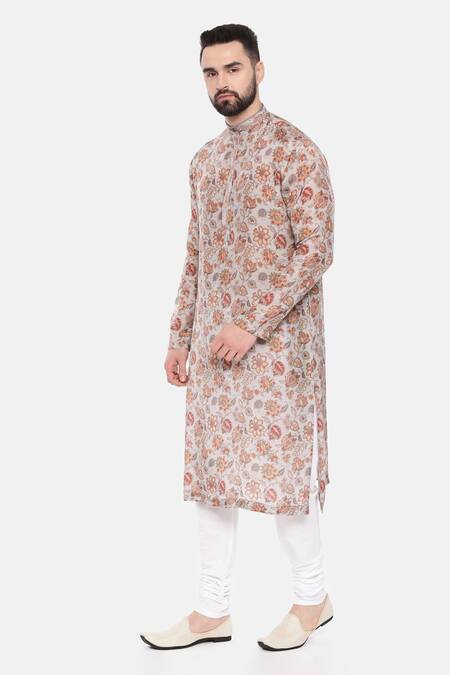 Shop_Mayank Modi - Men_Grey Muslin Floral Print Kurta Set _Online_at_Aza_Fashions