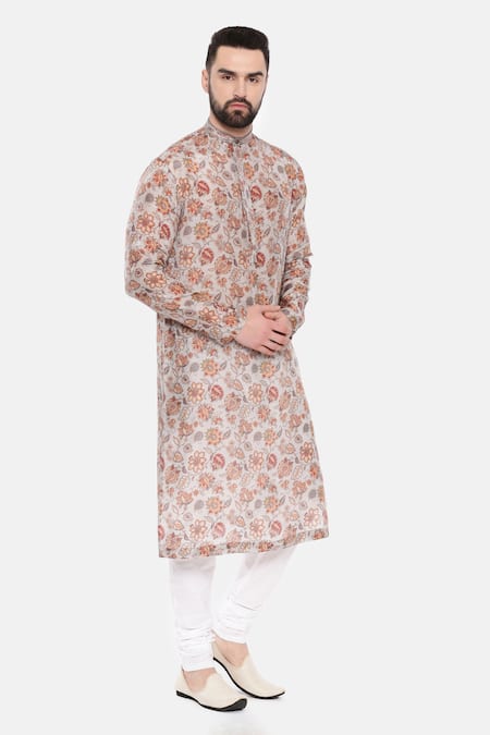 Mayank Modi - Men_Grey Muslin Floral Print Kurta Set _at_Aza_Fashions