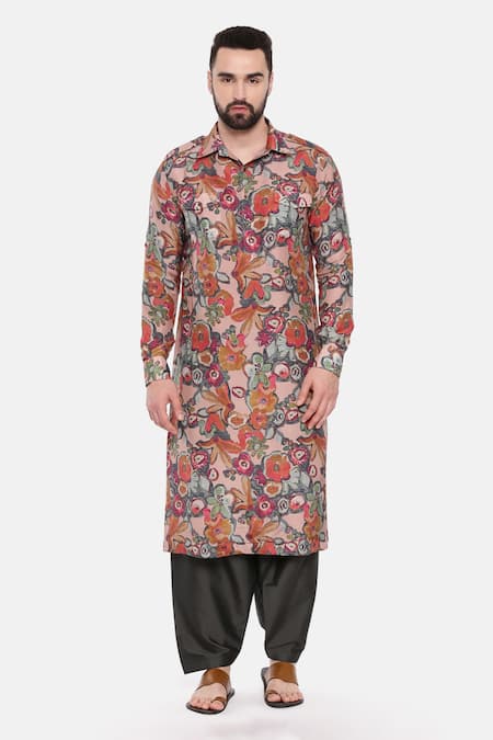 Mayank Modi - Men_Purple Muslin, Silk Retro Floral Print Kurta Set For Kids_Online_at_Aza_Fashions