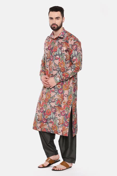 Shop_Mayank Modi - Men_Purple Muslin, Silk Retro Floral Print Kurta Set For Kids_Online_at_Aza_Fashions