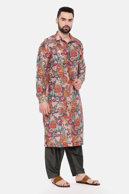 Mayank Modi - Men_Purple Muslin, Silk Retro Floral Print Kurta Set For Kids_at_Aza_Fashions