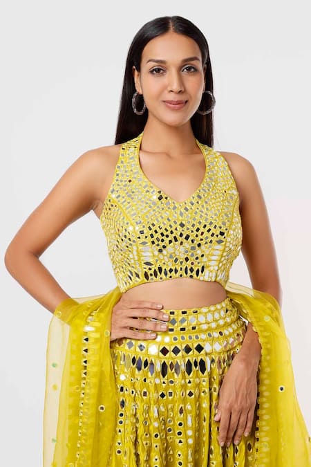 Mehak Murpana_Green Crepe Mirrors Halter Neck Embroidered Lehenga Set _Online_at_Aza_Fashions