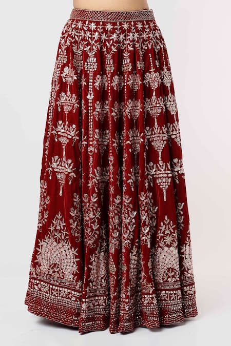 Buy Mehak Murpana Red Velvet Embroidery Square Neck Floral Bridal Lehenga Set Online at Aza Fashions Buy_Mehak Murpana_Red Velvet Embroidery Square Neck Floral Bridal Lehenga Set _Online_at_Aza_Fashions