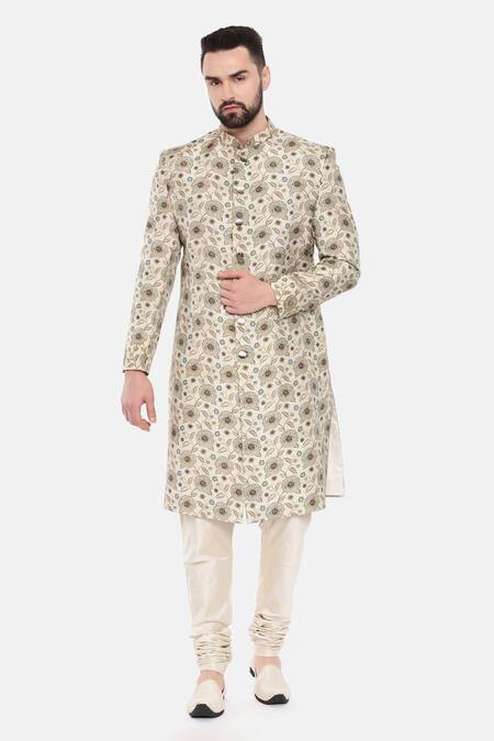 Mayank Modi - Men_Beige Muslin Embroidery Floral Bloom Print Sherwani With Churidar For Kids_Online_at_Aza_Fashions
