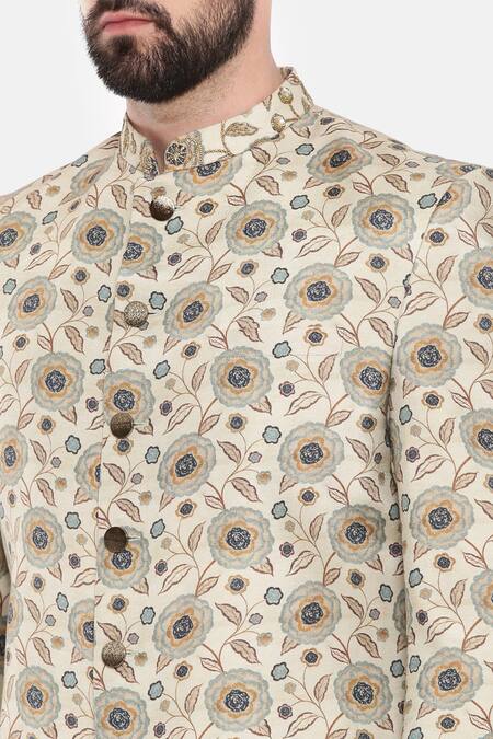 Buy_Mayank Modi - Men_Beige Muslin Embroidery Floral Bloom Print Sherwani With Churidar For Kids_Online_at_Aza_Fashions