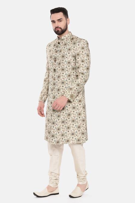 Shop_Mayank Modi - Men_Beige Muslin Embroidery Floral Bloom Print Sherwani With Churidar For Kids_Online_at_Aza_Fashions