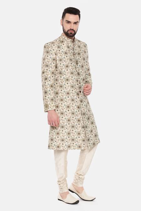 Mayank Modi - Men_Beige Muslin Embroidery Floral Bloom Print Sherwani With Churidar For Kids_at_Aza_Fashions