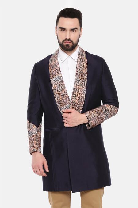 Mayank Modi - Men_Blue Silk, Linen, Bamboo Embroidery Placement Print Trench Jacket _Online_at_Aza_Fashions