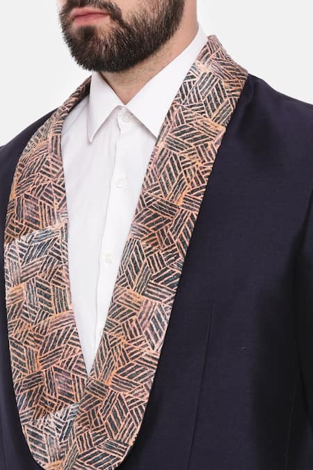 Buy_Mayank Modi - Men_Blue Silk, Linen, Bamboo Embroidery Placement Print Trench Jacket _Online_at_Aza_Fashions