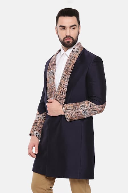 Shop_Mayank Modi - Men_Blue Silk, Linen, Bamboo Embroidery Placement Print Trench Jacket _Online_at_Aza_Fashions
