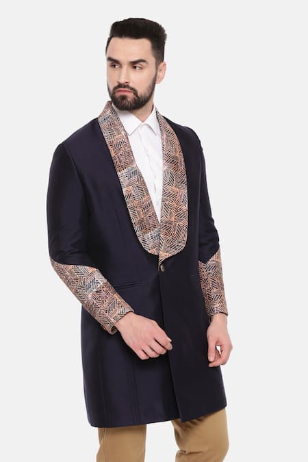 Mayank Modi - Men_Blue Silk, Linen, Bamboo Embroidery Placement Print Trench Jacket _at_Aza_Fashions