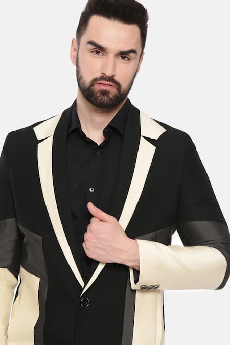 Mayank Modi - Men Black Silk Plain Color Block Trench Jacket  3