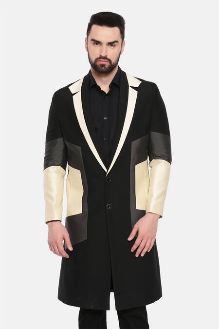 Mayank Modi - Men Black Silk Plain Color Block Trench Jacket  4