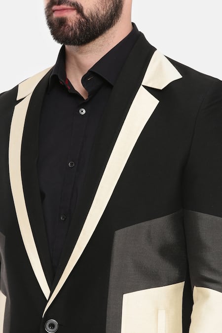 Mayank Modi - Men Black Silk Plain Color Block Trench Jacket  5