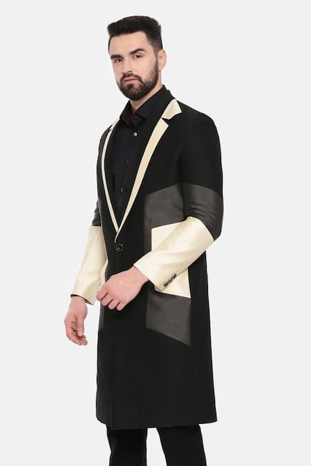 Mayank Modi - Men Black Silk Plain Color Block Trench Jacket  6