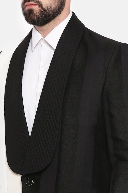 Buy_Mayank Modi - Men_Black 100% Linen Plain Two Tone Trench Jacket _Online_at_Aza_Fashions