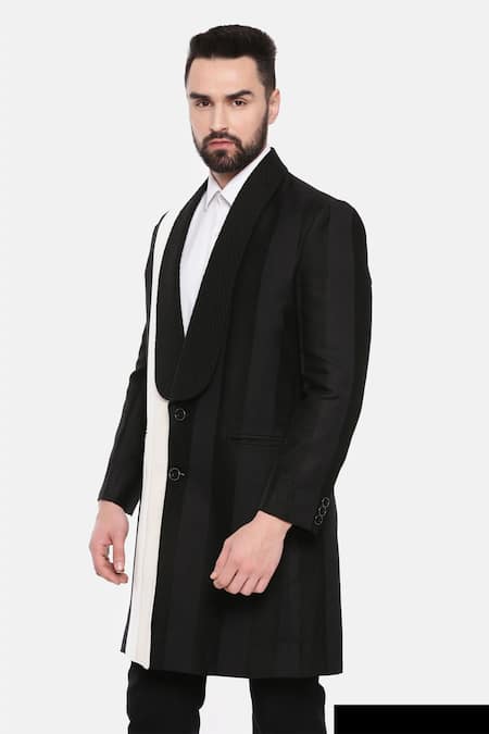 Shop_Mayank Modi - Men_Black 100% Linen Plain Two Tone Trench Jacket _Online_at_Aza_Fashions