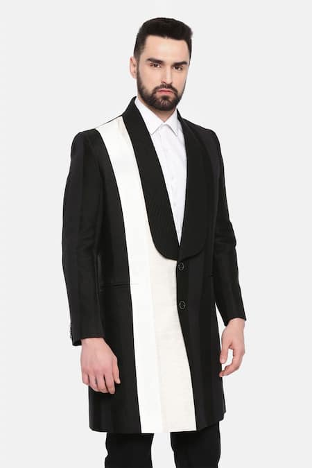 Mayank Modi - Men_Black 100% Linen Plain Two Tone Trench Jacket _at_Aza_Fashions