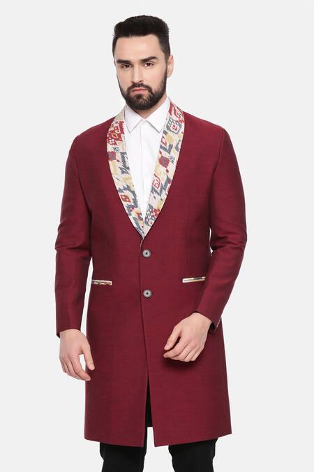 Mayank Modi - Men_Maroon Cotton, Muslin Embroidery Aztec Print Collar Trench Jacket _Online_at_Aza_Fashions