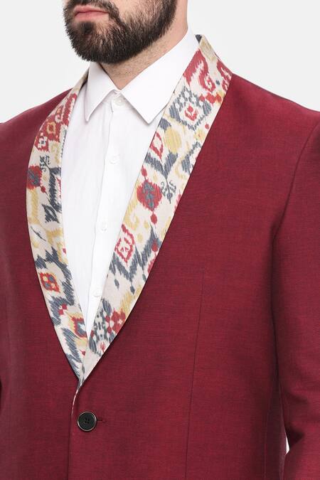 Buy_Mayank Modi - Men_Maroon Cotton, Muslin Embroidery Aztec Print Collar Trench Jacket _Online_at_Aza_Fashions