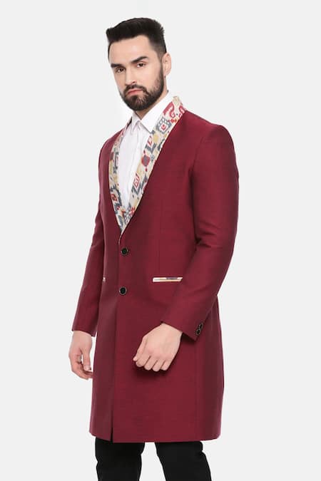 Shop_Mayank Modi - Men_Maroon Cotton, Muslin Embroidery Aztec Print Collar Trench Jacket _Online_at_Aza_Fashions