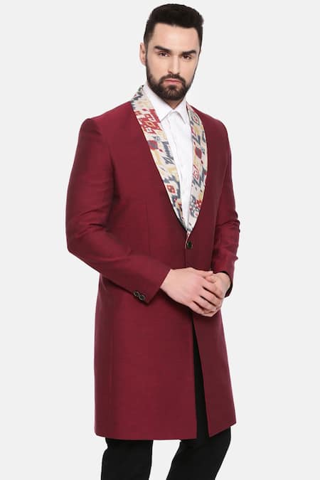 Mayank Modi - Men_Maroon Cotton, Muslin Embroidery Aztec Print Collar Trench Jacket _at_Aza_Fashions