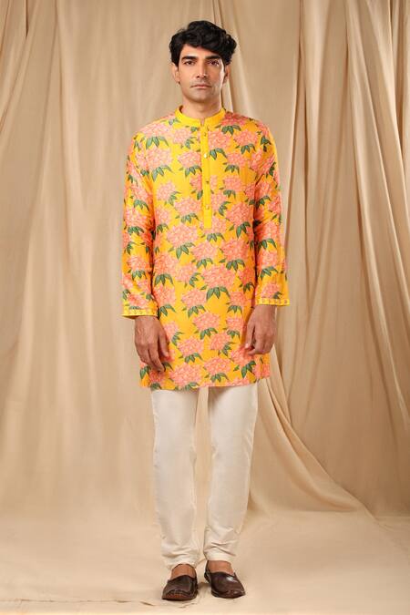 Masaba_Yellow Raw Silk Printed Candy Swirl Kurta _Online_at_Aza_Fashions