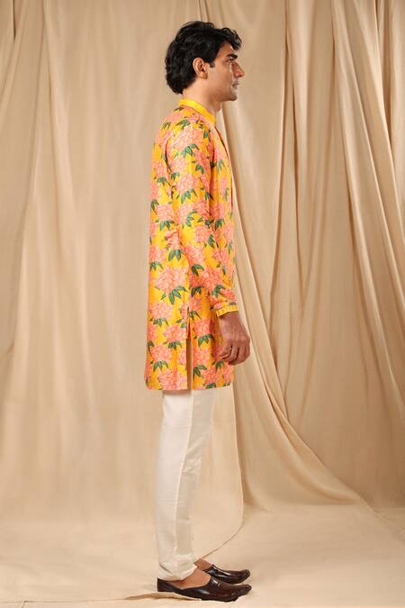 Buy_Masaba_Yellow Raw Silk Printed Candy Swirl Kurta _Online_at_Aza_Fashions