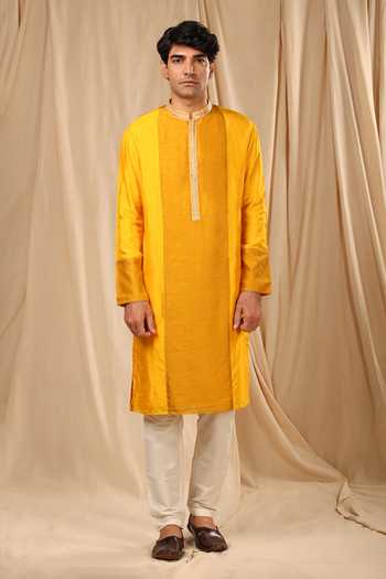 Masaba_Yellow Raw Silk Sorbet Kurta_Online_at_Aza_Fashions