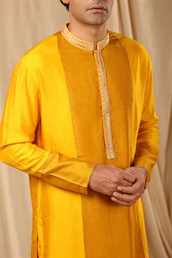 Shop_Masaba_Yellow Raw Silk Sorbet Kurta_Online_at_Aza_Fashions