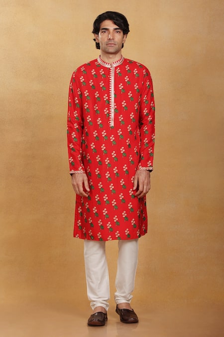 Masaba_Red Silk Embroidery Cotton Candy Kurta _Online_at_Aza_Fashions