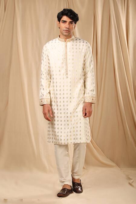 Masaba_Ivory Silk Embroidery Wallflower Print Kurta_Online_at_Aza_Fashions