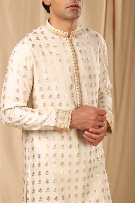 Shop_Masaba_Ivory Silk Embroidery Wallflower Print Kurta_Online_at_Aza_Fashions