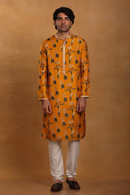 Masaba_Yellow Silk Embroidery Spring Blossom Kurta _Online_at_Aza_Fashions