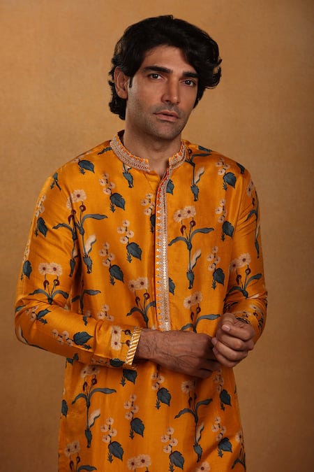 Shop_Masaba_Yellow Silk Embroidery Spring Blossom Kurta _Online_at_Aza_Fashions