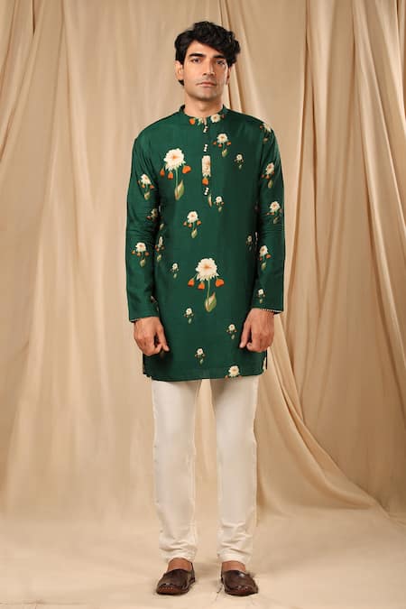Masaba_Green Silk Buttercup Print Kurta _Online_at_Aza_Fashions