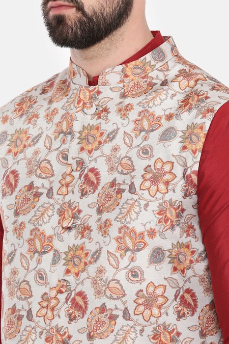 Buy_Mayank Modi - Men_Gray Muslin Print Floral Grey Nehru Jacket _Online_at_Aza_Fashions