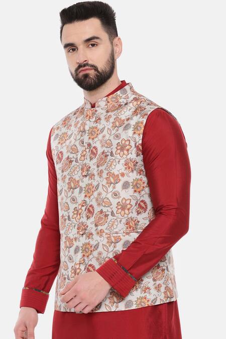 Shop_Mayank Modi - Men_Gray Muslin Print Floral Grey Nehru Jacket _Online_at_Aza_Fashions