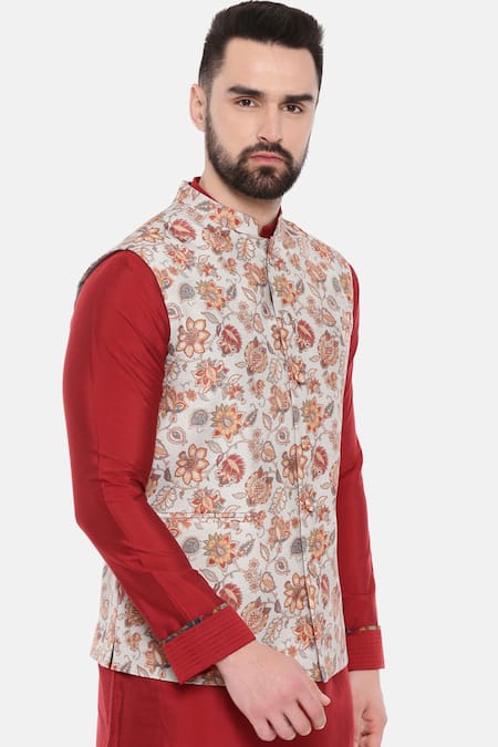 Mayank Modi - Men_Gray Muslin Print Floral Grey Nehru Jacket _at_Aza_Fashions