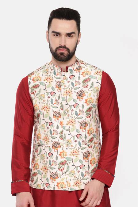 Mayank Modi - Men_Off White Muslin Floral Print Sleeveless Nehru Jacket _Online_at_Aza_Fashions