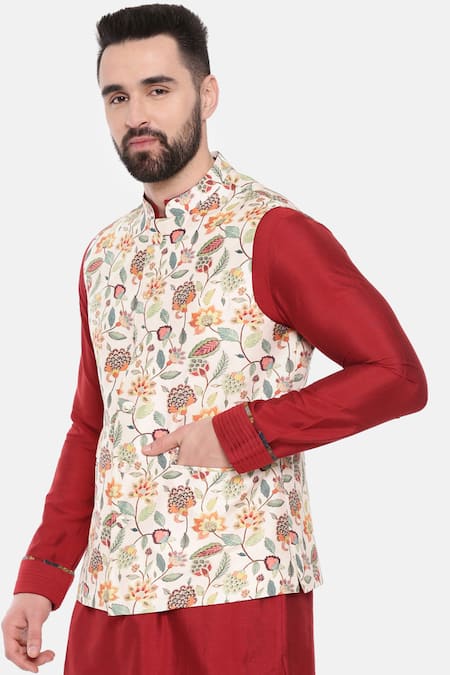 Shop_Mayank Modi - Men_Off White Muslin Floral Print Sleeveless Nehru Jacket _Online_at_Aza_Fashions