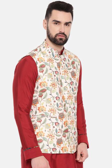 Mayank Modi - Men_Off White Muslin Floral Print Sleeveless Nehru Jacket _at_Aza_Fashions