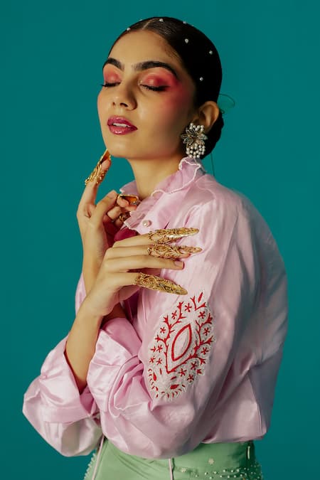 LATHA PUTTANNA_Pink Silk Embroidery Round Neck Ruffle Shirt _Online_at_Aza_Fashions