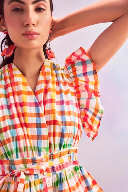 Buy_House Of Eda_Multi Color Cotton V-neck Meryll Chequered Pattern Dress_Online_at_Aza_Fashions