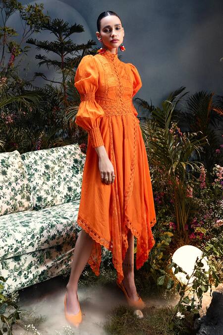 House Of Eda Orange Cotton, Silk, Polyester Lace High Neck Sabrina Embroidered Dress Online at Aza Fashions House Of Eda_Orange Cotton, Silk, Polyester Lace High Neck Sabrina Embroidered Dress_Online_at_Aza_Fashions