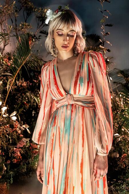 Buy_House Of Eda_Pink Viscose, Polyester V-neck Nacia Stripe Pattern Dress_Online_at_Aza_Fashions