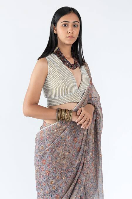 Buy_Nikita Vishakha_Grey Raw Silk And Georgette Persian Print Saree_Online_at_Aza_Fashions