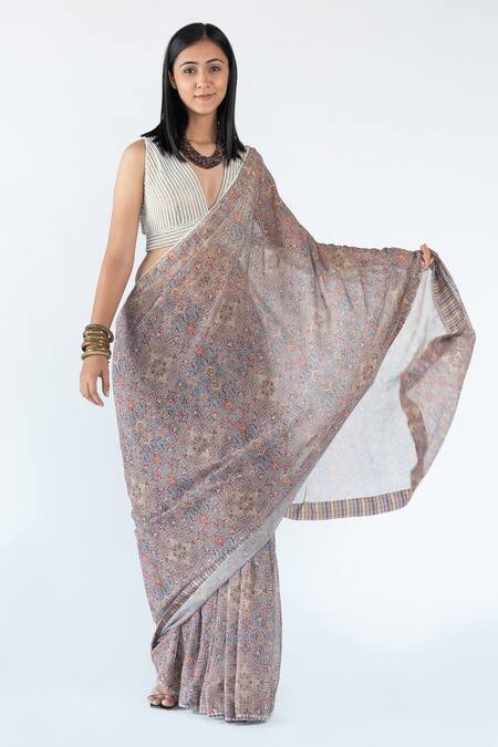 Shop_Nikita Vishakha_Grey Raw Silk And Georgette Persian Print Saree_Online_at_Aza_Fashions
