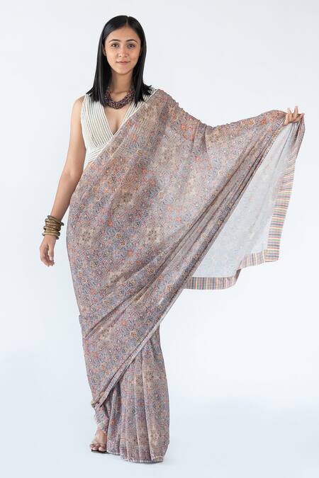 Nikita Vishakha_Grey Raw Silk And Georgette Persian Print Saree_at_Aza_Fashions